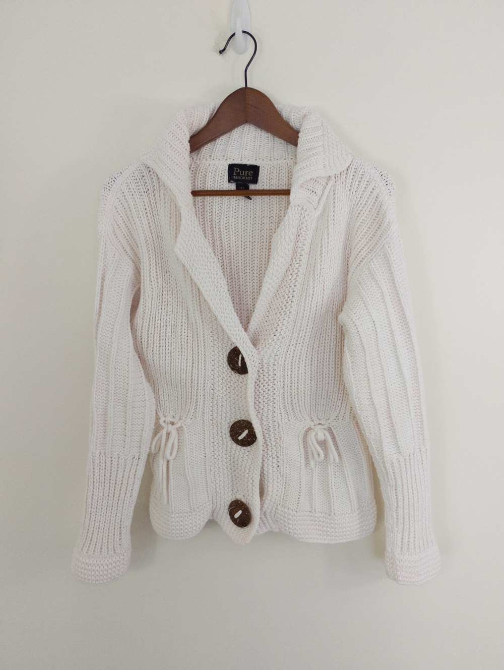 Pure Handknit Cotton Chunky Knit Cardigan Sweater Wood Button Tie Waist M/L